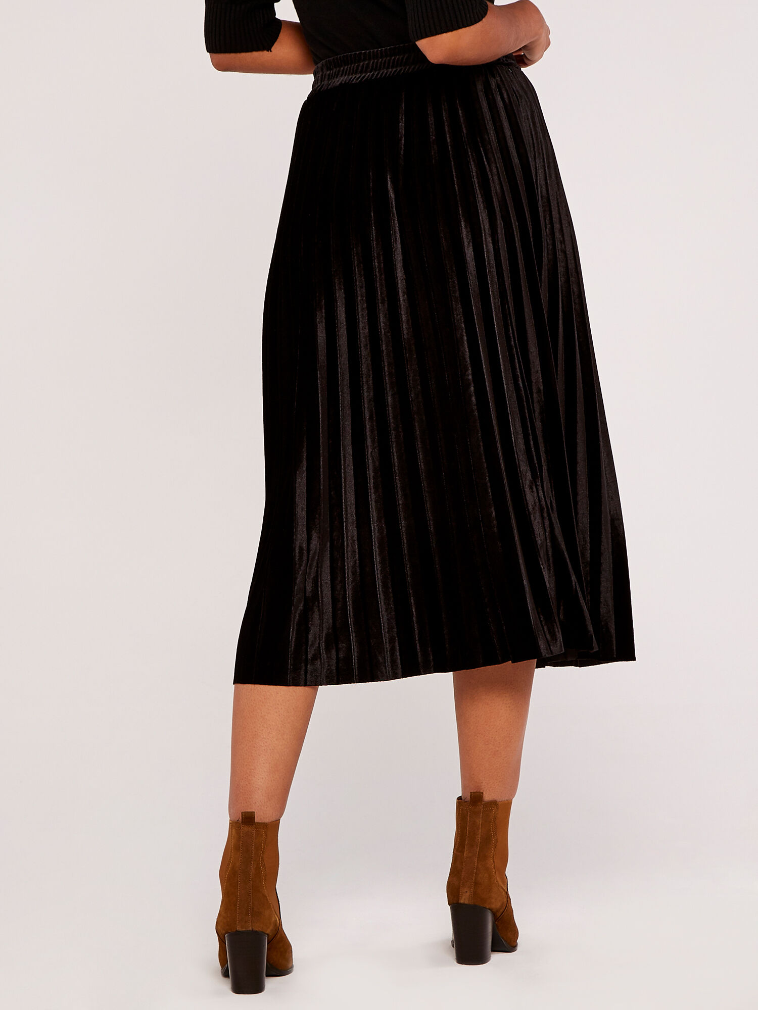 Velvet Pleated Midi Skirt Apricot Clothing