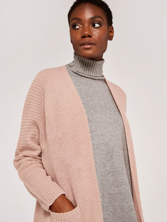 Fisherman 2 Pocket Open Cardigan, Pink, large