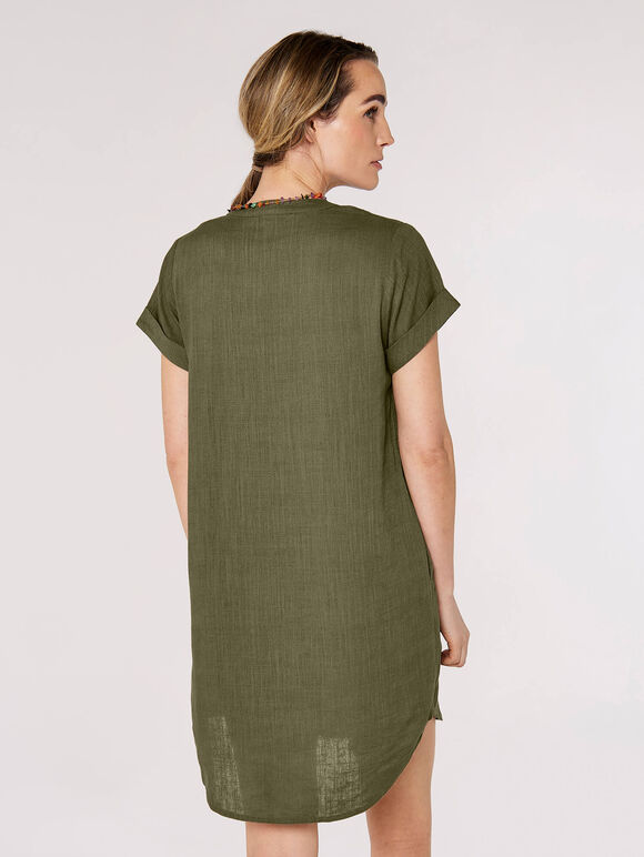 Linen Blend Relaxed Mini Dress, Khaki, large