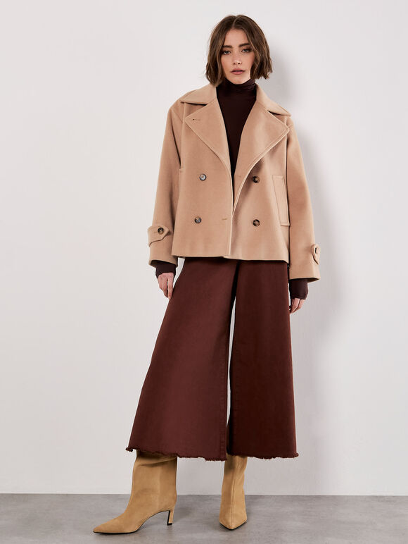 Tailored Short Peacoat Jacket, Brown, large