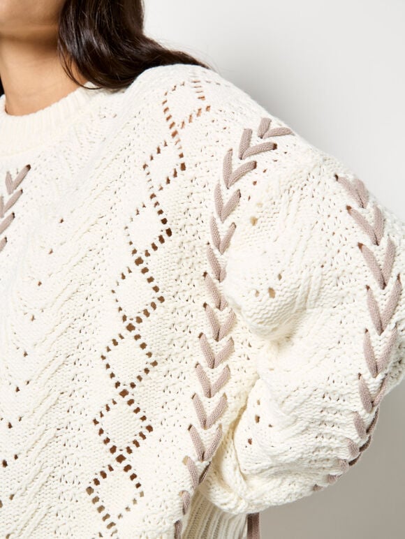 Pointelle Knit Lace Up Jumper, Cream, large