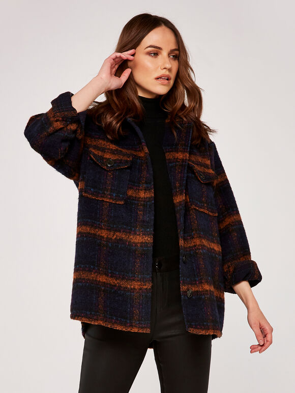 Pocket Plaid Shacket, Navy, large