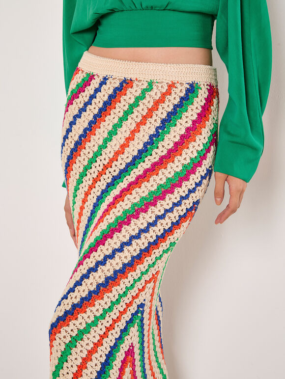 Hand Crocheted Stripe Midi Skirt, Stone, large