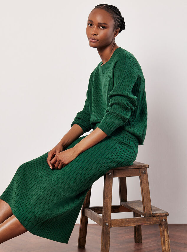 Fine Knit Cable Midi Skirt, Green, large