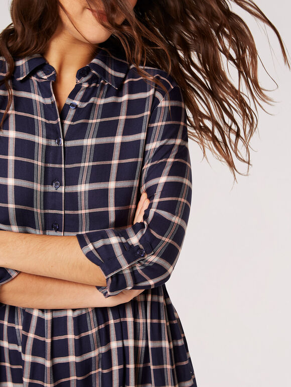 Check Print Shirt Mini Dress, Navy, large