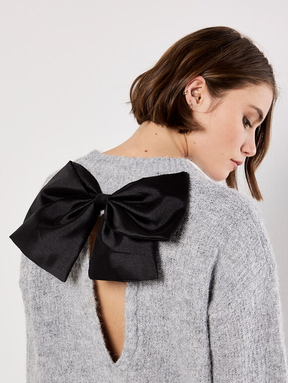 Bow Back Shimmer Fluffy Jumper, Grey, large