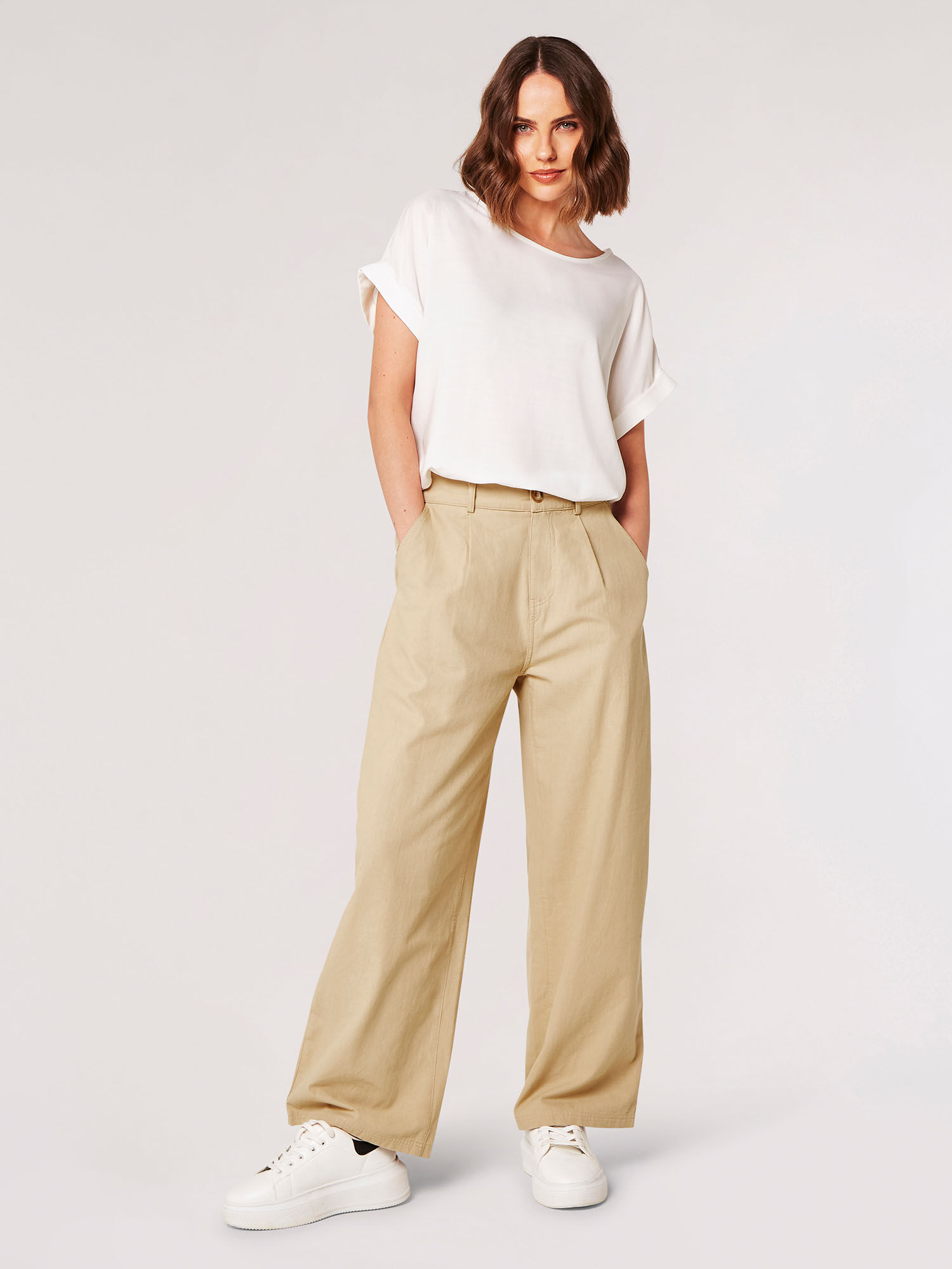 Rolled Sleeves Simple T Shirt Apricot Clothing