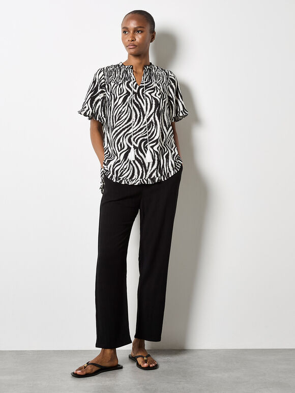 Zebra Swirl Tassel Tie Ruffle Top, Black, large