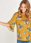 Yellow Floral Ruffle Sleeve Top, Mustard, large