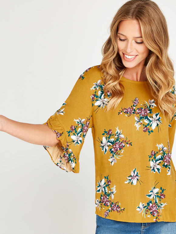 Yellow Floral Ruffle Sleeve Top, Mustard, large