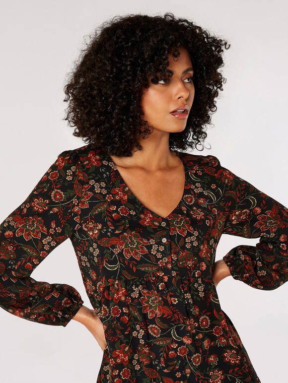 Boho Floral Print Maxi Dress, Black, large
