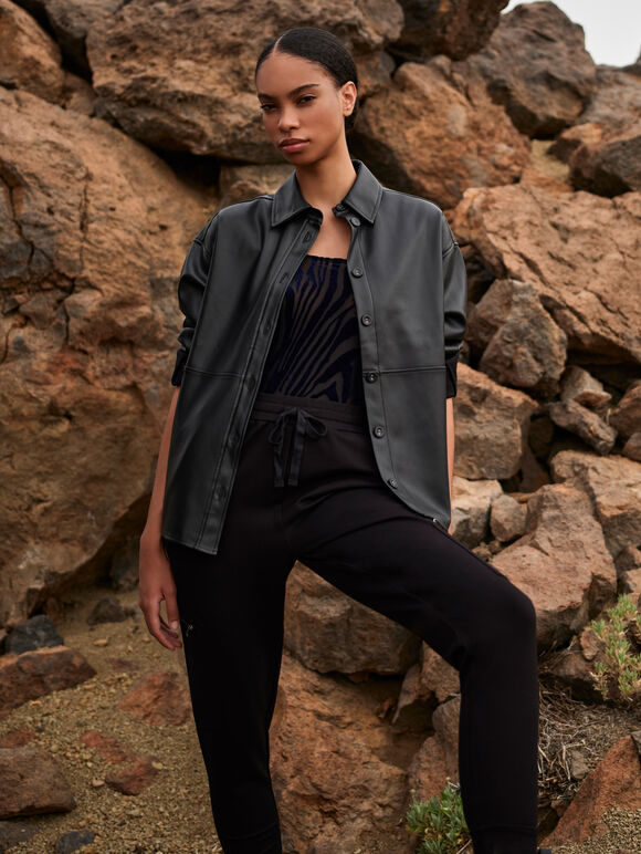 Leather Look Shirt Jacket, Black, large