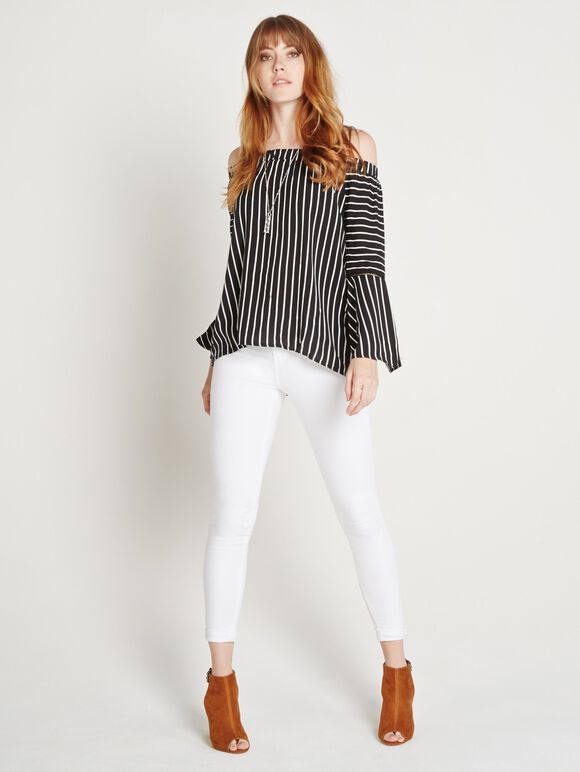 Stripe Bardot Blouse, Black, large