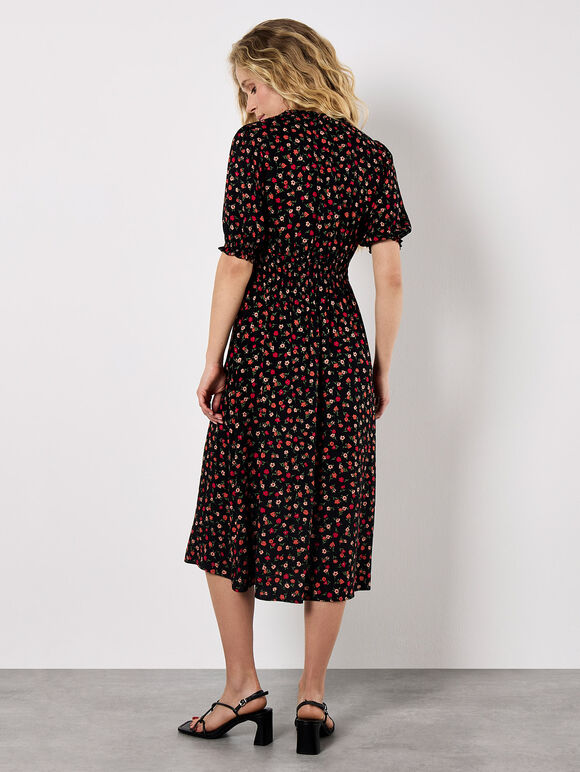 Ditsy Floral Smocked Midi Dress, Orange, large