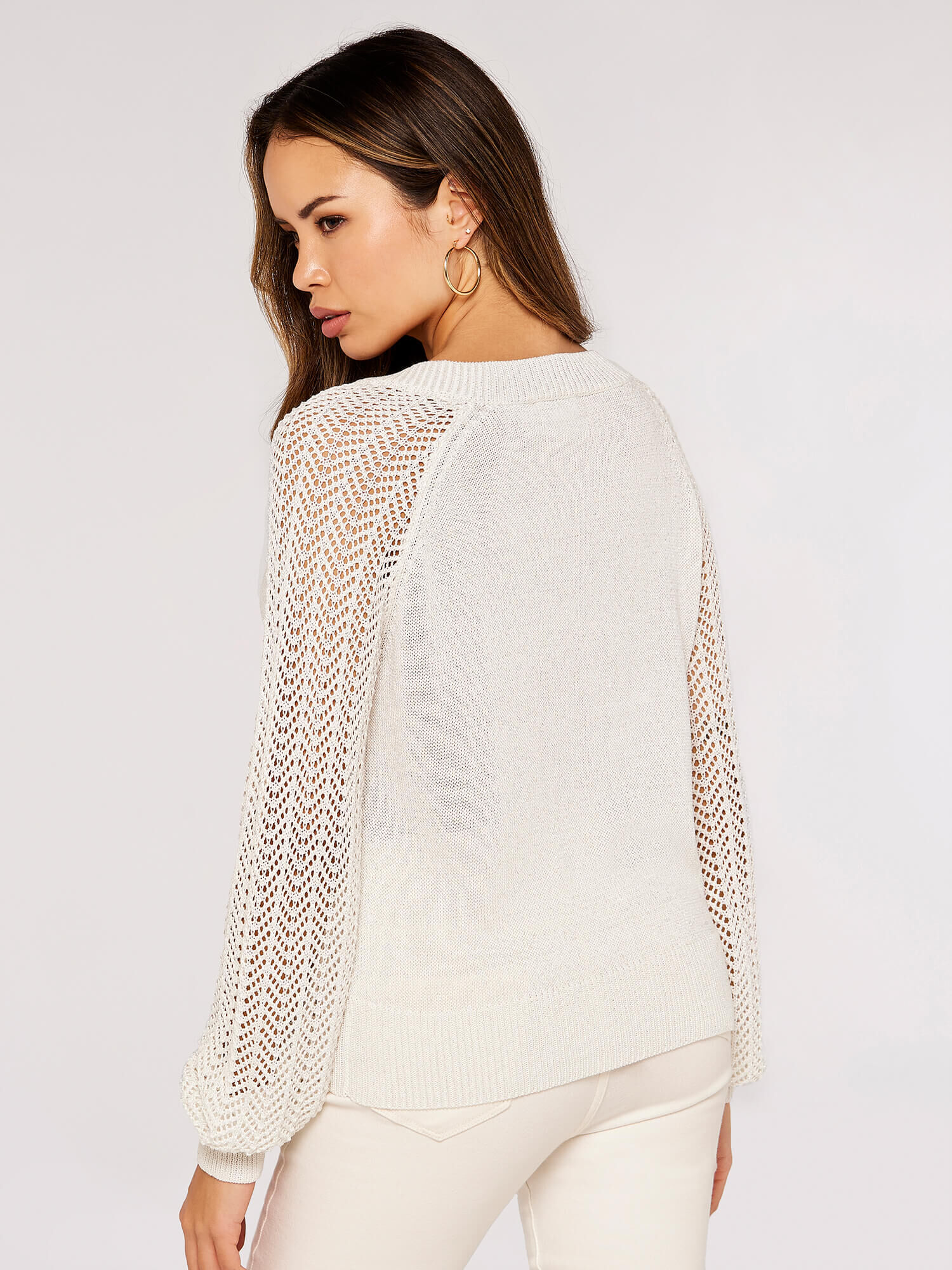 Contrast Crochet Shimmer Jumper Apricot Clothing