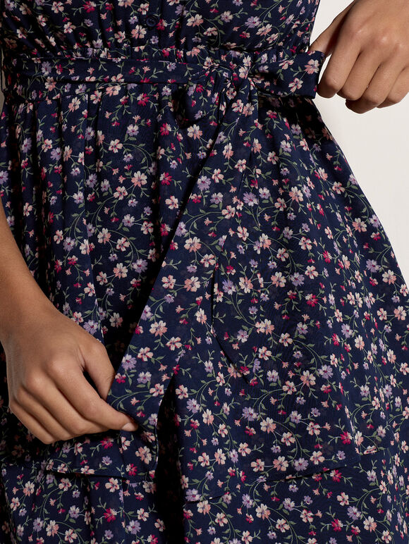 Ditsy Floral Chiffon Mini Dress, Navy, large