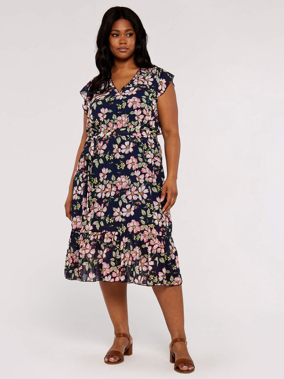 Smock Floral Midi Dress, Navy, large