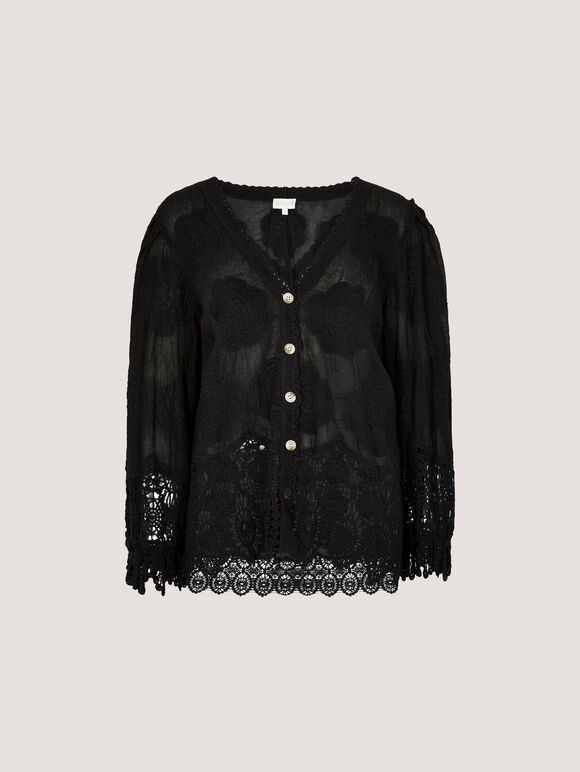Embroidered Daisies Lace Blouse, Black, large