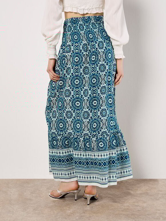 Batik Print Smocked Maxi Skirt, Blue, large