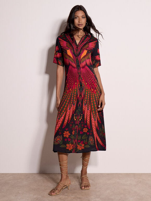 Toucan Tropical Shirt Maxi Dress, Black, large