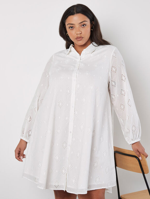 Curve Cotton Broderie Shirt Mini Dress, Cream, large