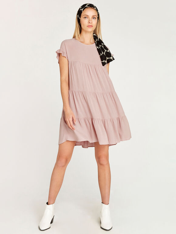 Ruffle Sleeve Detail Tiered Dress, Pink, large