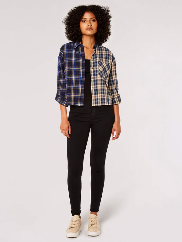 Contrast Check Boxy Shirt, Navy, large