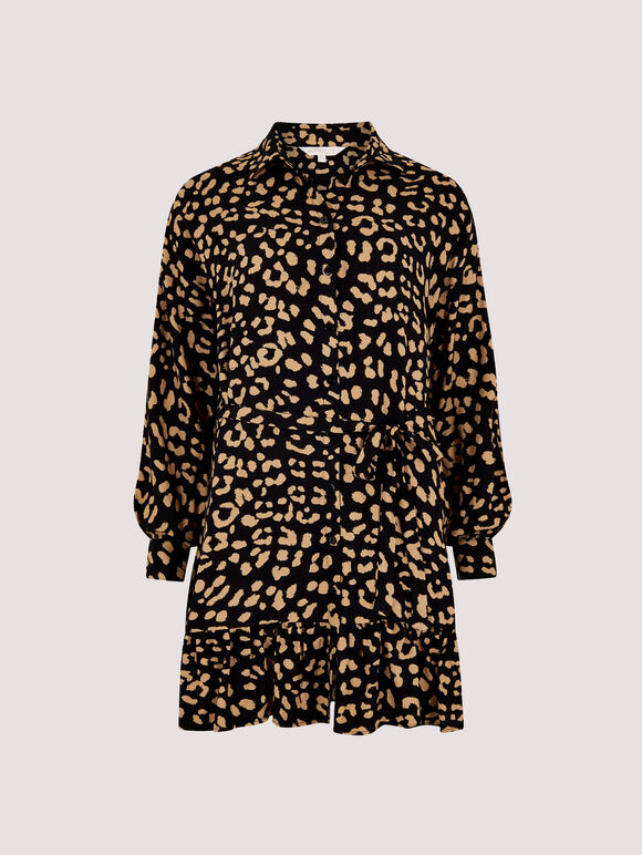 Leopard Print Shirt Mini Dress, Black, large