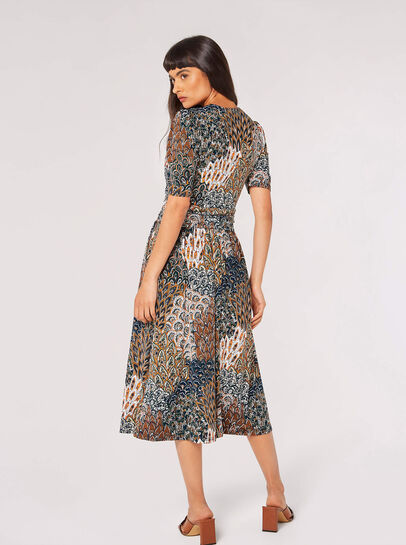 Feather Print Wrap Midi Dress