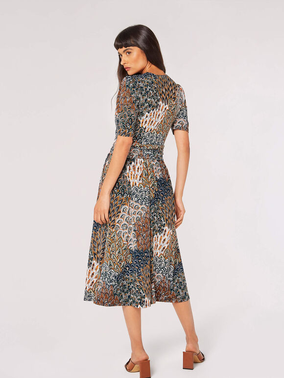 Feather Print Wrap Midi Dress, Green, large