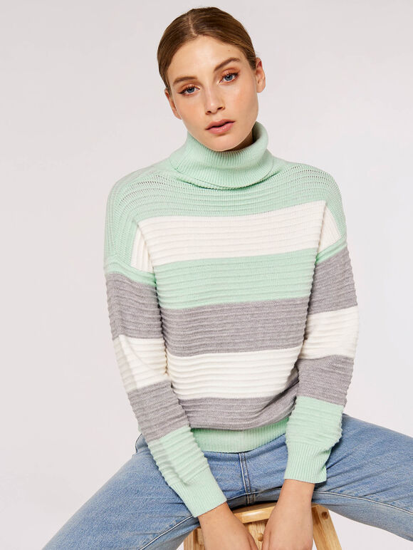 Ribbed Colour Block Stripe Jumper, Mint, large