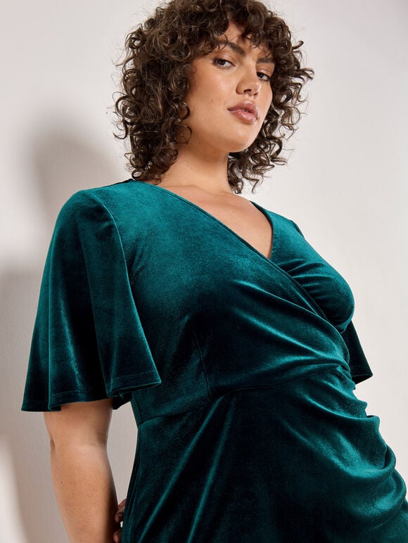 Curve Ruched Waist Velvet Midi Dress, Green, large