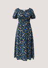 Ditsy Floral Print Milkmaid Midi Dress, Blue, large