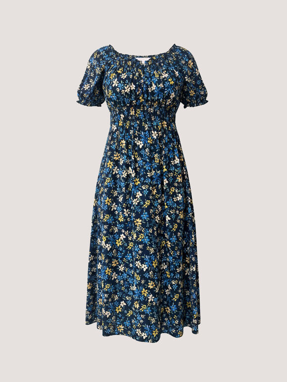 Ditsy Floral Print Milkmaid Midi Dress, Blue, large