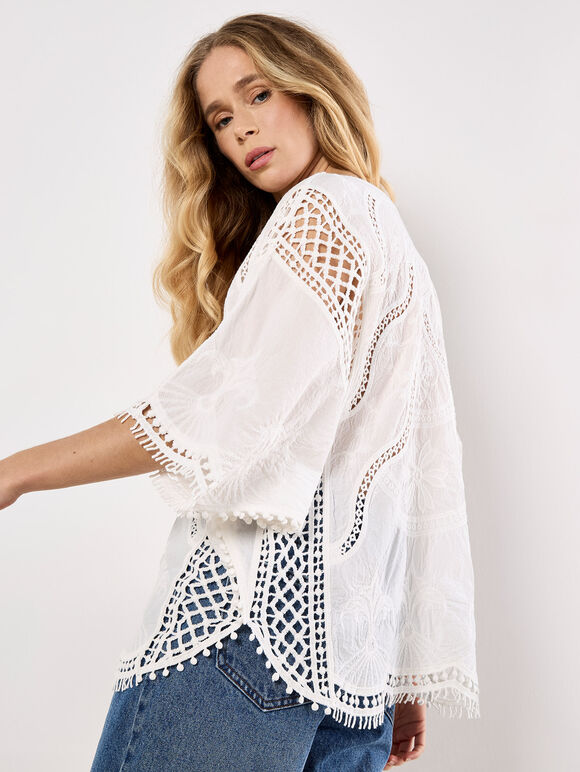 Cotton Blend Crochet Embroidered Top, White, large