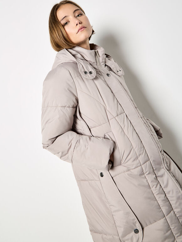 Longline Padded Puffer Coat, Stone, large