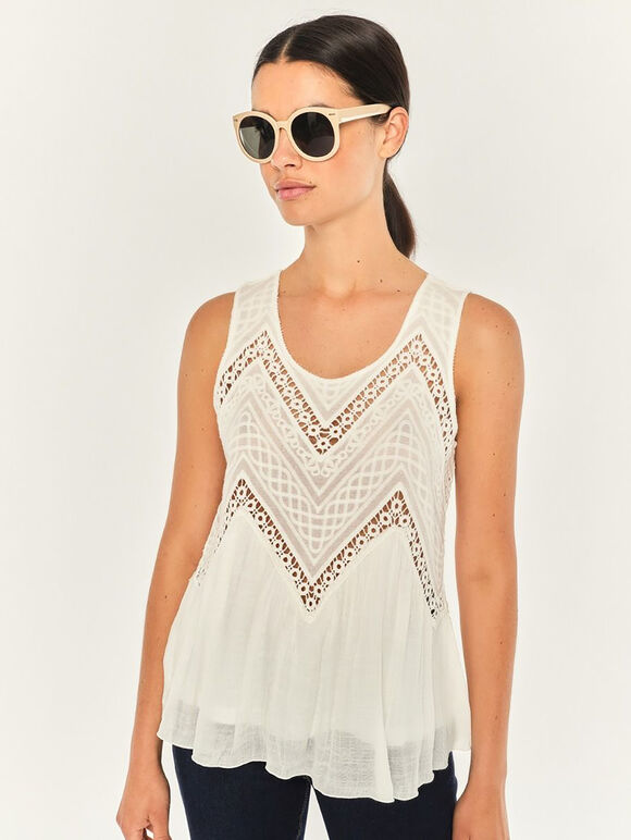Zigzag Crochet Shimmer Slub Top, Cream, large