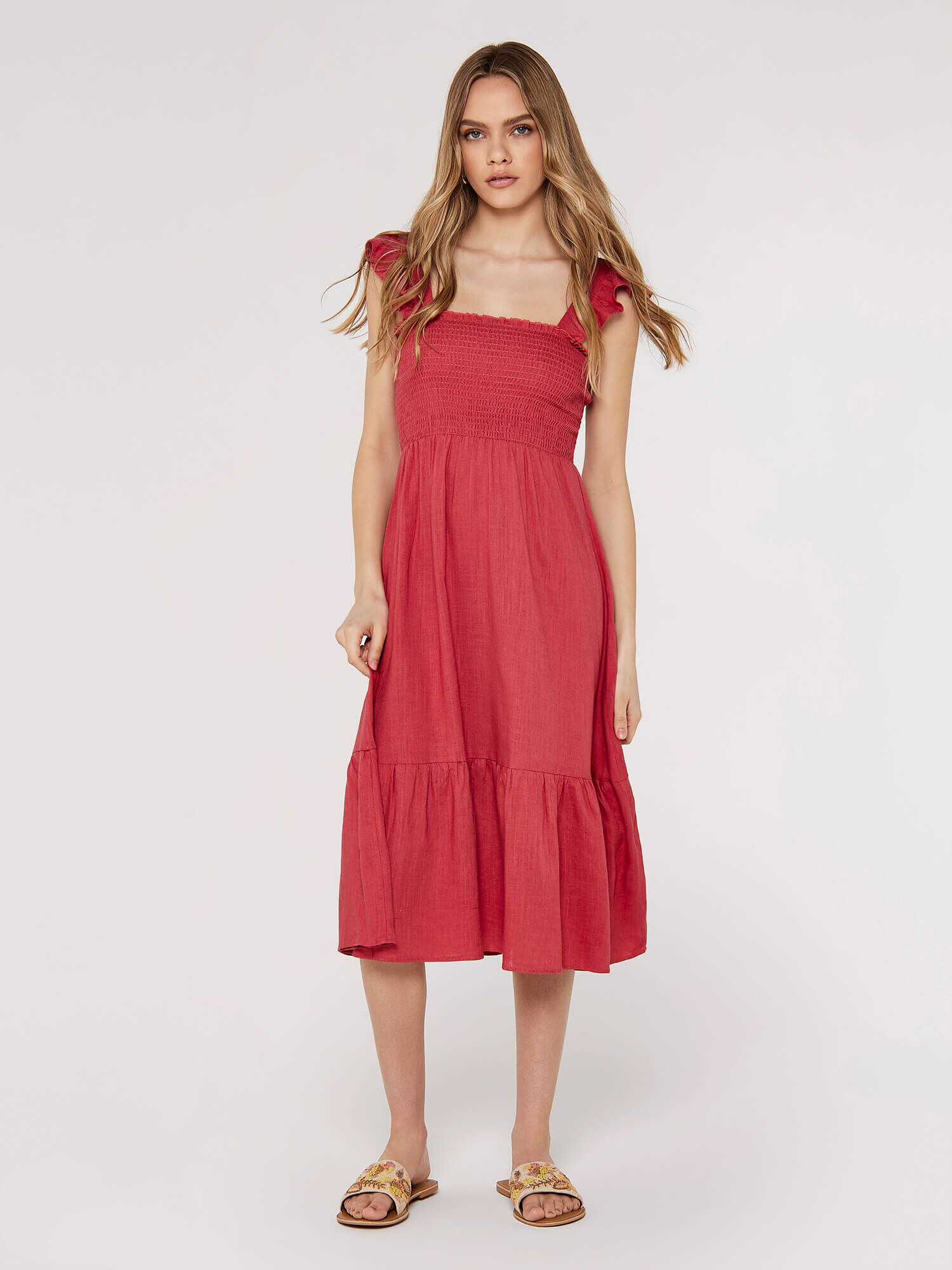 Pink linen midi dress new arrivals
