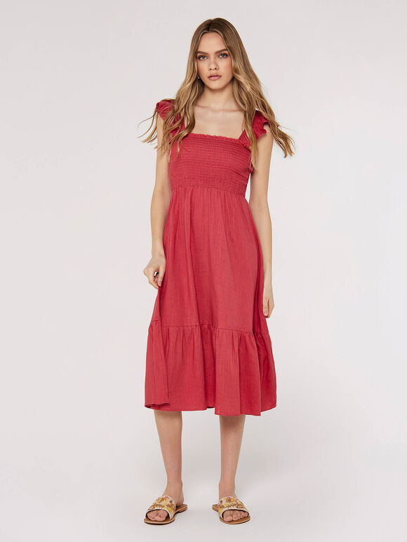 Linen Midi Dress, Pink, large