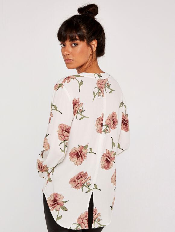 Peony Print Mandarin Collar Top, Cream, large
