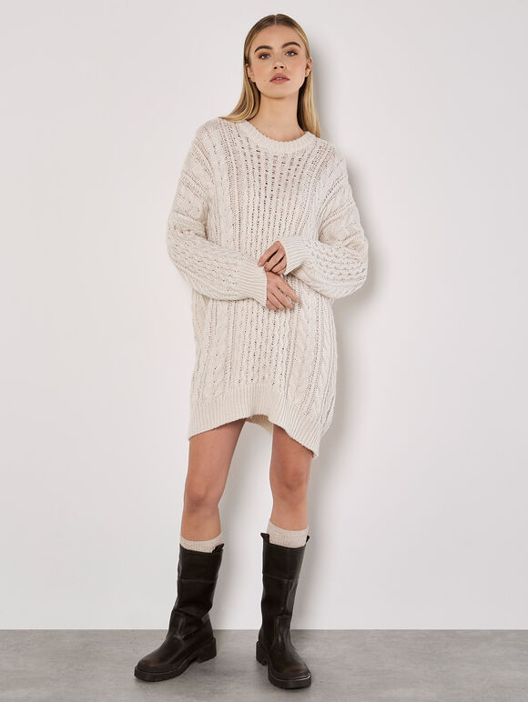 Oversized Cable Knit Jumper Mini Dress, Cream, large
