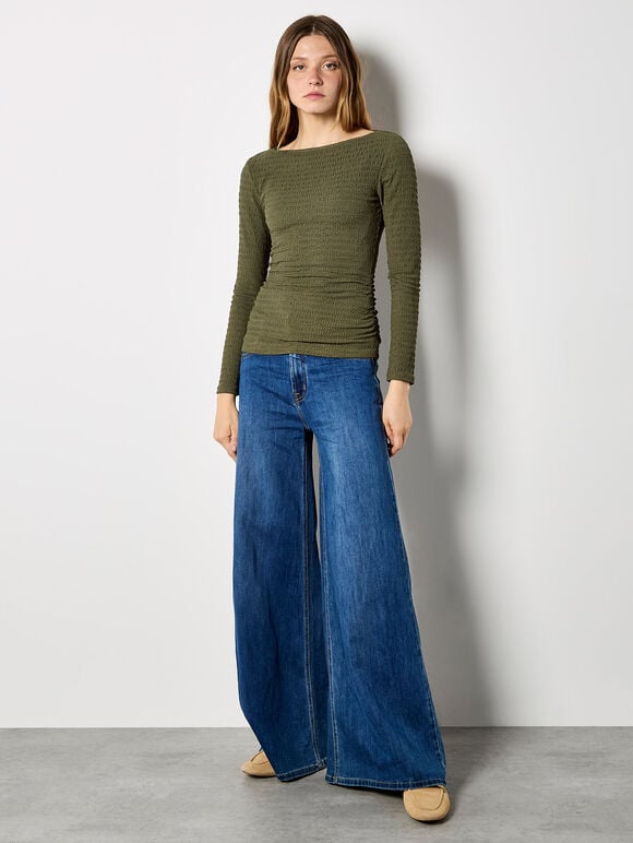 Side Ruched Textured Jersey Top, Khaki, large