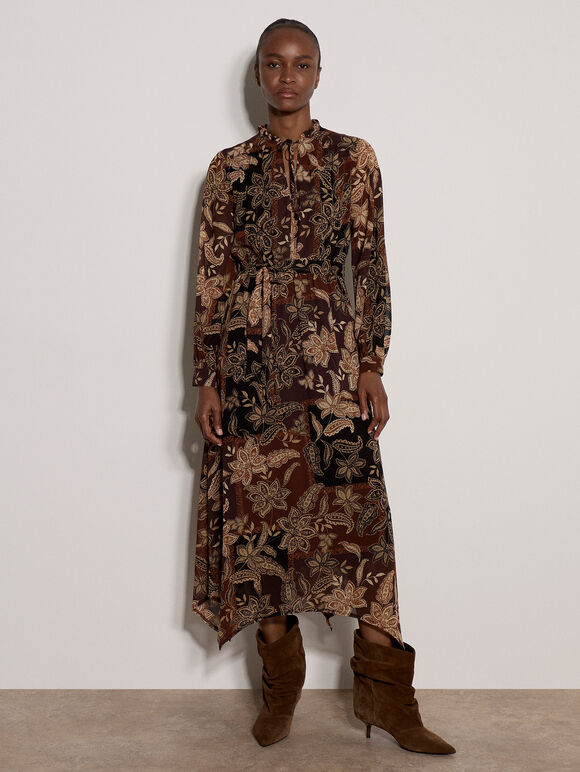 Patchwork Paisley Chiffon Maxi Dress, Brown, large