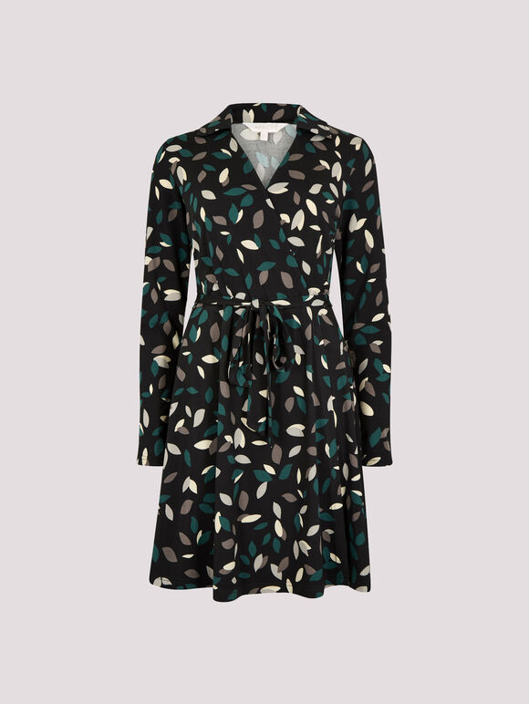 Leaf Print Wrap Mini Dress, Black, large