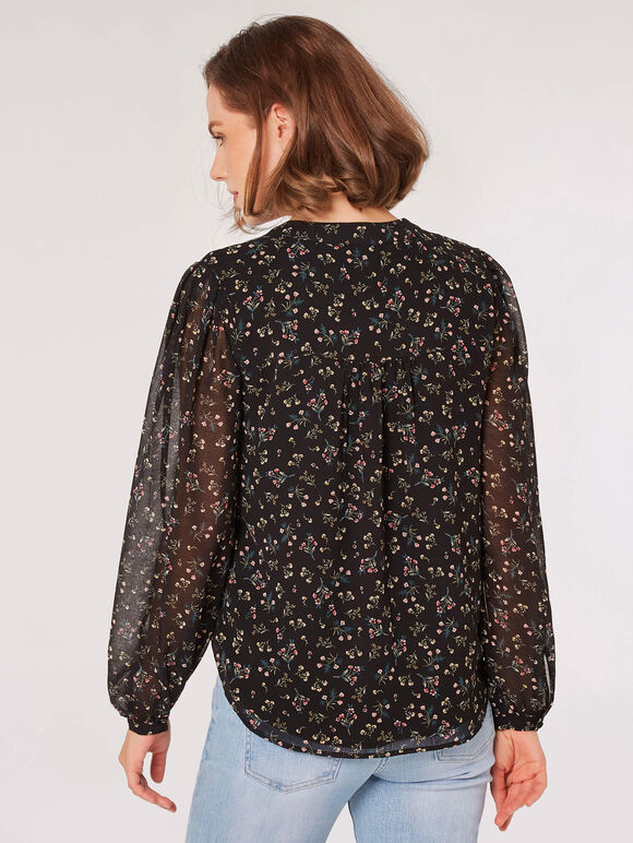 Ditsy Floral Chiffon Blouse, Black, large