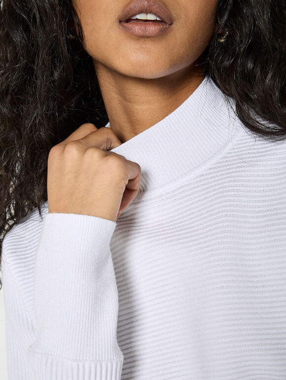 Mock Neck Ribbed Knit Jumper, White, large
