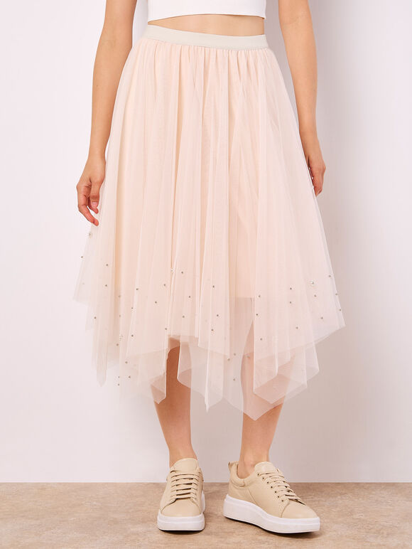 Pearl Embellished Tulle Midi Skirt, Stone, large