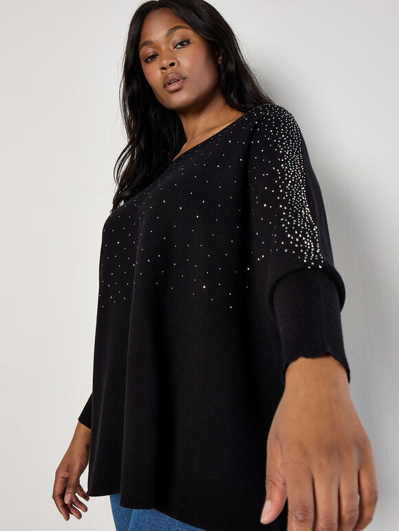 Curve Rhinestone Embellished Batwing Jumper, Black, large