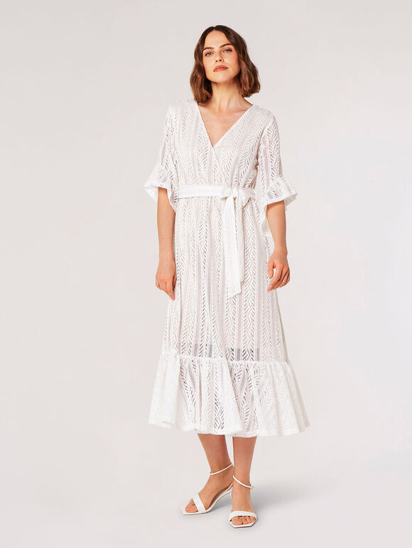 Lace Ruffle Wrap Midi Dress, Cream, large