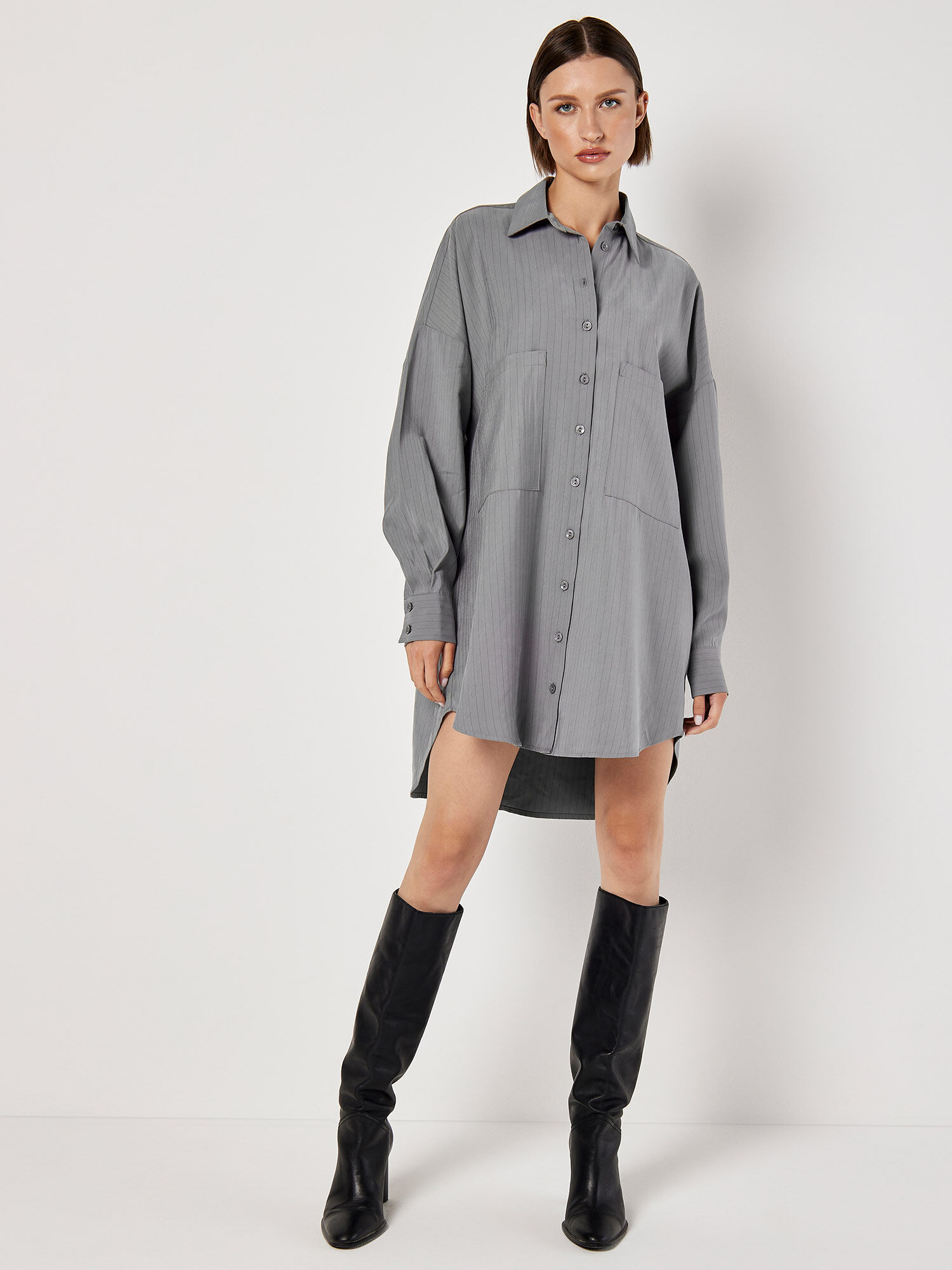 Pinstripe Oversized Shirt Mini Dress Apricot Clothing